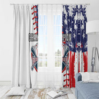 Window curtain set with baseball emblem, patriotic stars and red-white stripe panels