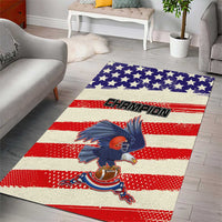 American football area rug with navy star field, red-and-cream stripes, blue eagle “Champion”.