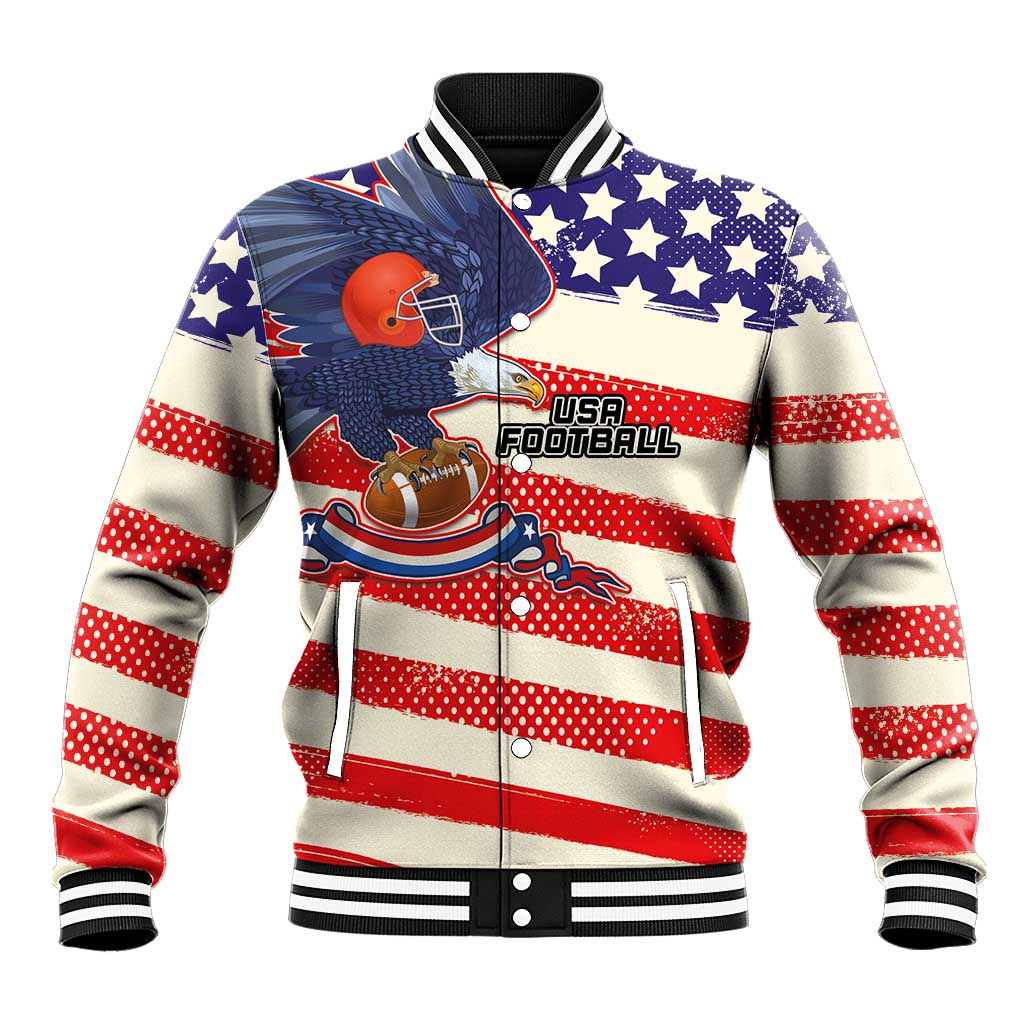 Red, blue and cream baseball jacket with star pattern, USA Football graphic, striped sleeves