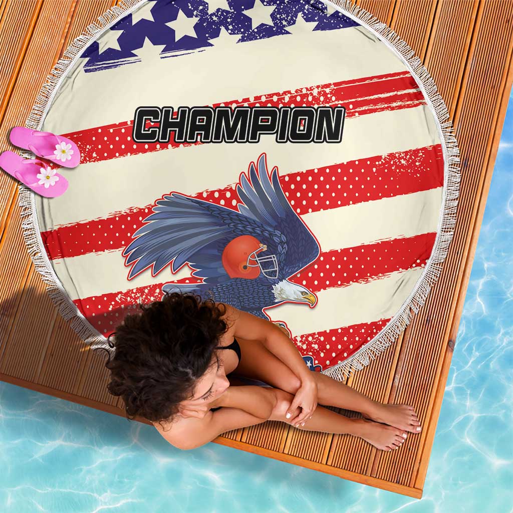 Round beach blanket with 'CHAMPION' text, red-white-blue stripes, bird graphic, fringe