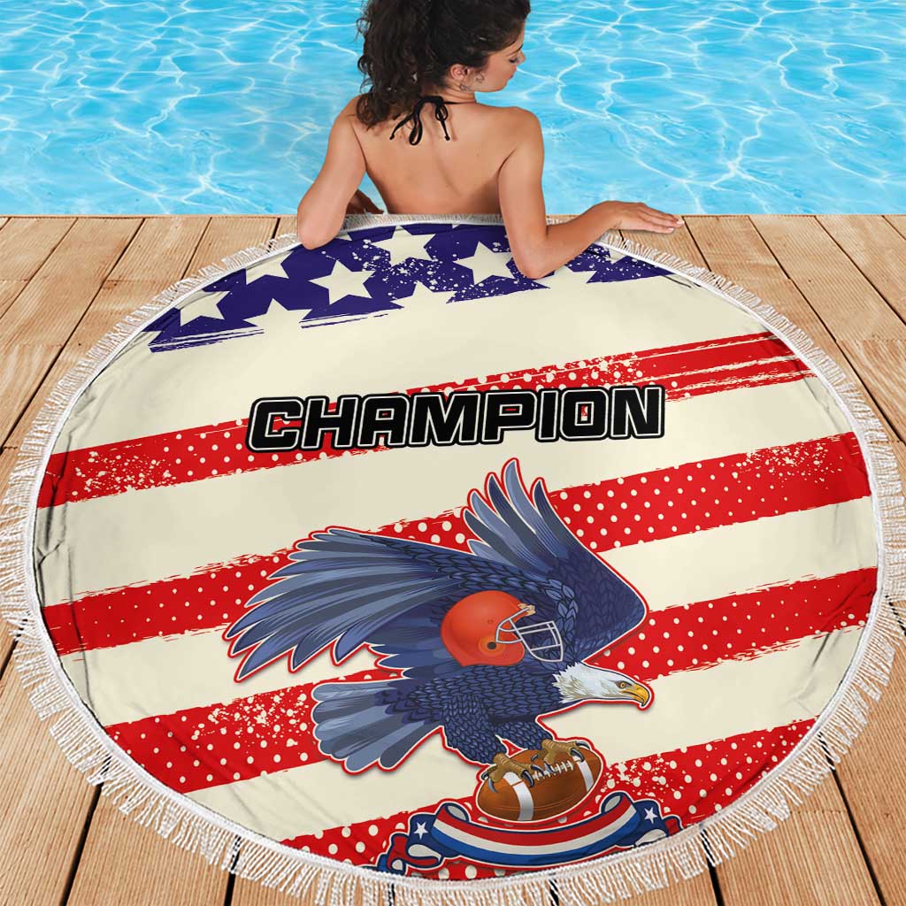 Round beach blanket with 'CHAMPION' text, red-white-blue star and stripe pattern, fringe