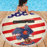 Round beach blanket with 'CHAMPION' text, red-white-blue star and stripe pattern, fringe
