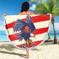 Round beach blanket with red-white-blue stripes, bird mascot graphic, and fringe edge