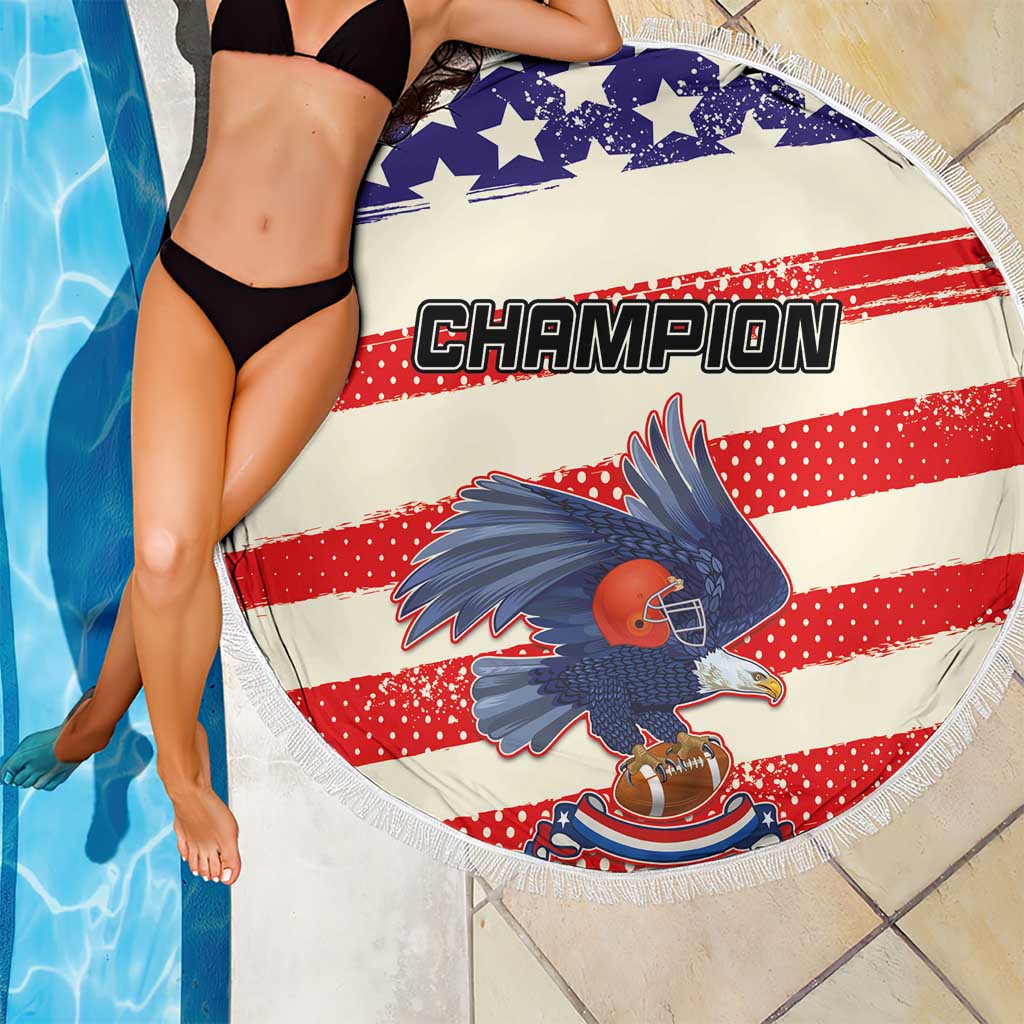Round beach blanket with 'CHAMPION' text, red-white-blue stripes, bird graphic, fringe