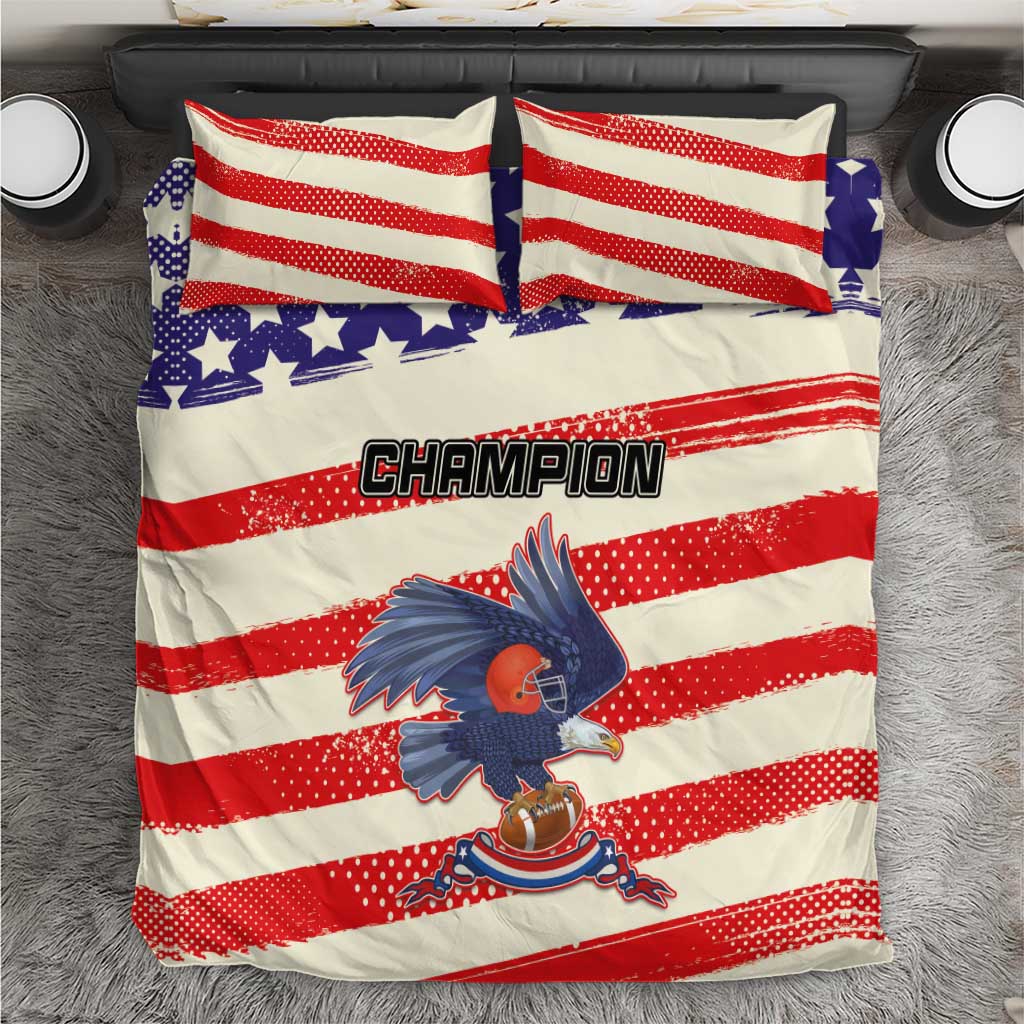 American football bedding set with striped duvet featuring 'Champion' text and eagle graphic