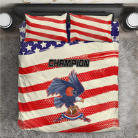 American football bedding set with striped duvet featuring 'Champion' text and eagle graphic