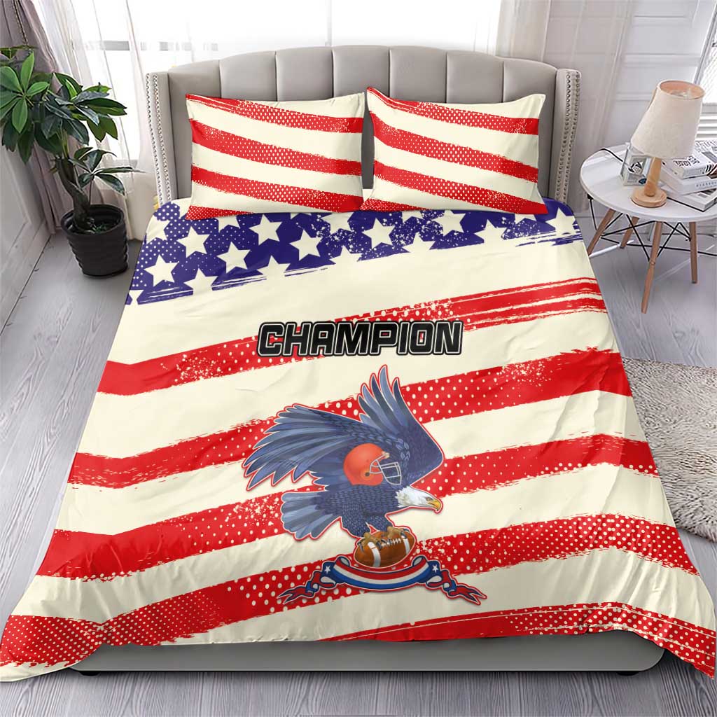 American football bedding set with red, white, and blue striped duvet and two matching pillows