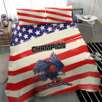 American football bedding set with striped duvet, 'Champion' logo, blue star panel, and eagle