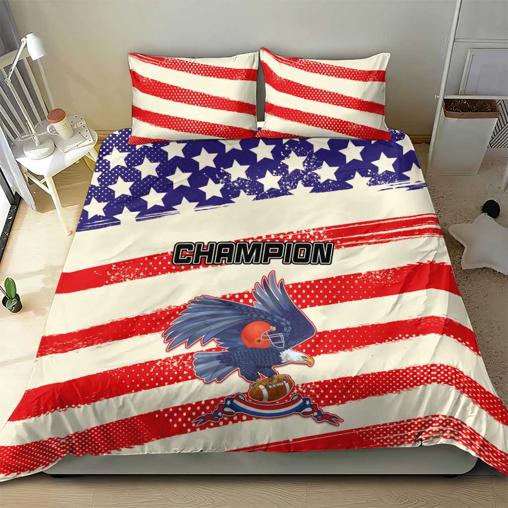 American football bedding set with red and blue striped duvet, 'Champion' logo, and two pillows