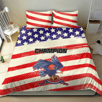 American football bedding set with red and blue striped duvet, 'Champion' logo, and two pillows