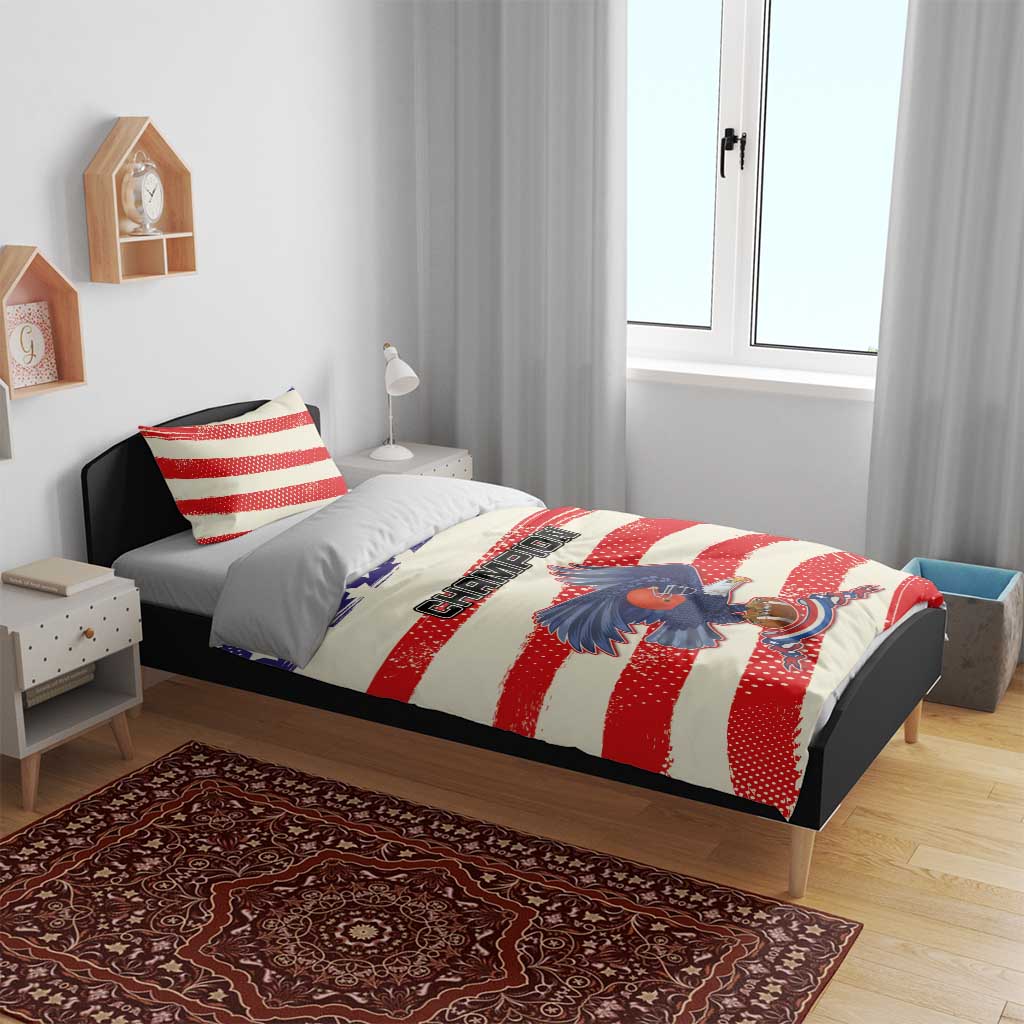 American football bedding set with red, white, and blue striped duvet and two matching pillows