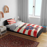 American football bedding set with red, white, and blue striped duvet and two matching pillows