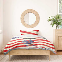 American football bedding set with red and white striped duvet and blue eagle print