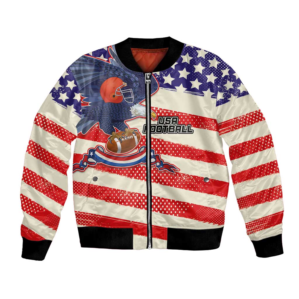 Red, cream, and navy bomber jacket with stars print, front zipper, USA Football graphic