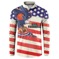 Red, white & blue button sweatshirt with USA Football graphic and striped sleeves