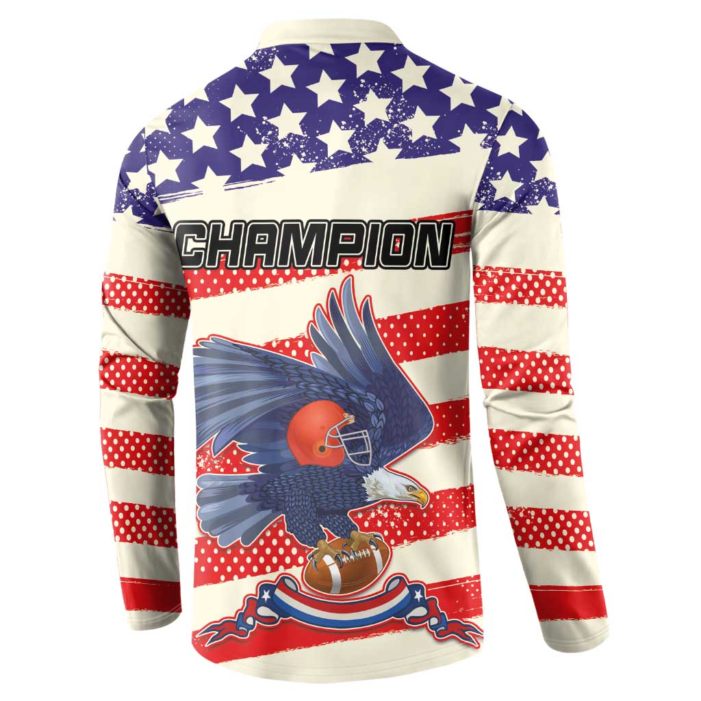 Back view of red, white & blue button sweatshirt with CHAMPION text and eagle art
