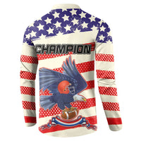 Back view of red, white & blue button sweatshirt with CHAMPION text and eagle art
