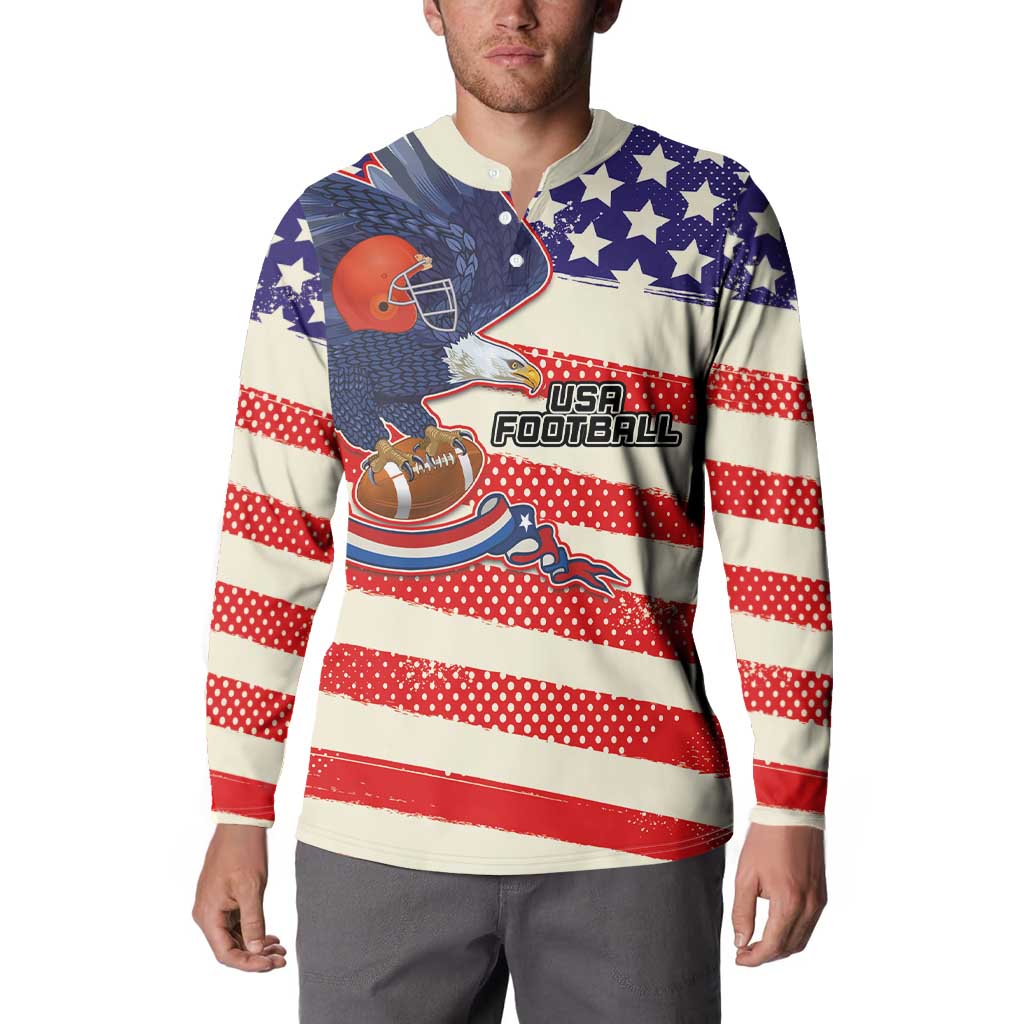 Red, white & blue button sweatshirt worn by model with USA Football graphic on front
