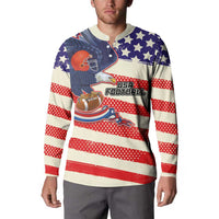 Red, white & blue button sweatshirt worn by model with USA Football graphic on front