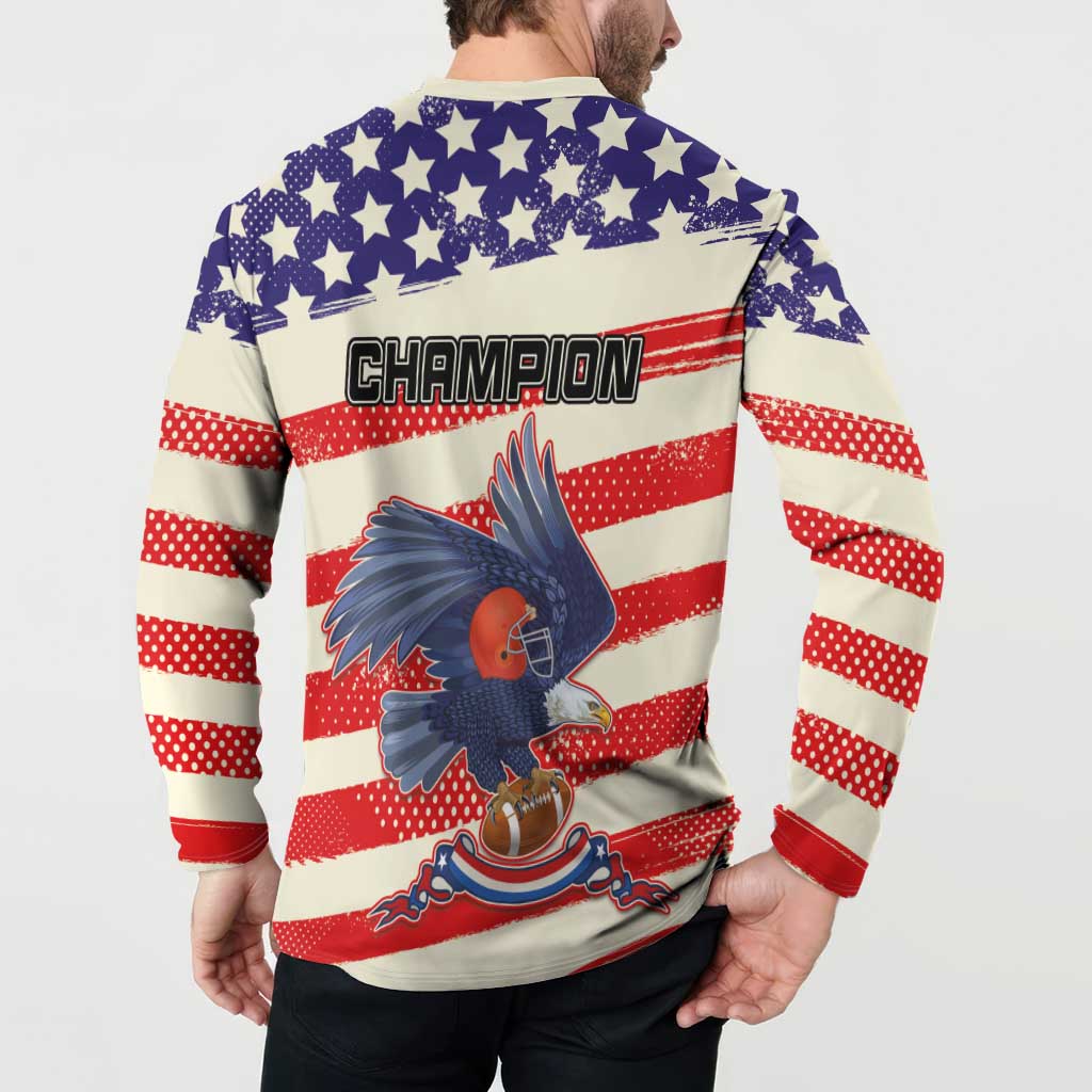 Back graphic button sweatshirt in red, white & blue with CHAMPION and eagle design