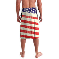 Flag-print beach shorts with red, white, and blue stripe pattern