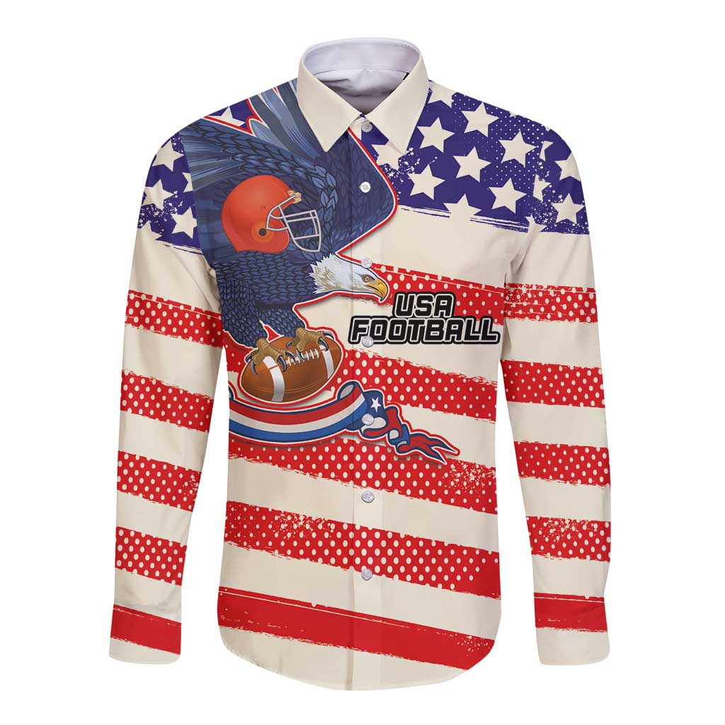 Unisex long-sleeve button shirt with USA football and red-white stripe sleeves