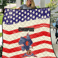 American football quilt with blue stars, red-and-white stripes, and “Champion” text with bird graphic