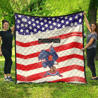 Sports quilt featuring American flag stars-and-stripes design with “Champion” logo and bird mascot