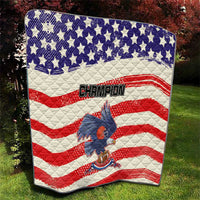 American flag themed quilt with red-and-white stripes, blue star field, and “Champion” graphic