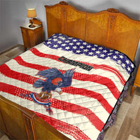 Flag quilt over bed cover with blue star top, red-and-white stripes, and “Champion” center text