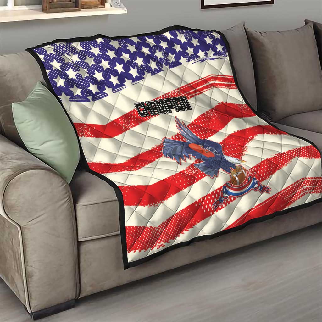 Quilt draped on sofa with blue stars, red-and-white stripes, and “Champion” text over bird image