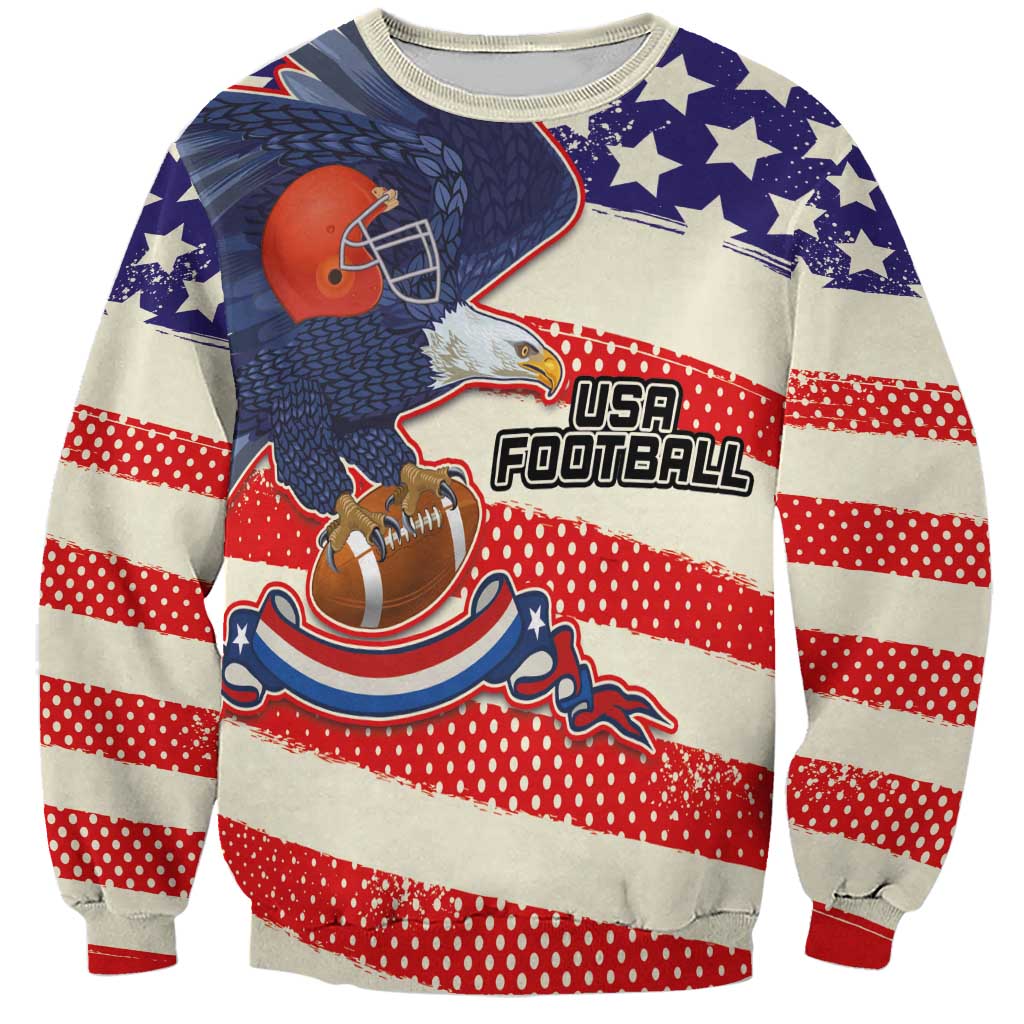 American football graphic sweatshirt, red white navy, USA lettering, striped sleeves