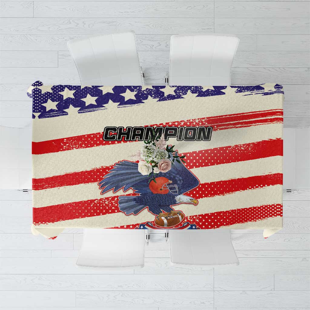 American football-themed tablecloth with blue stars, red stripes, and Champion text