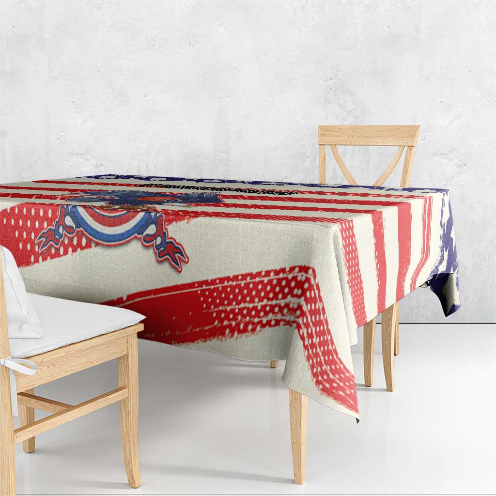 American football-themed tablecloth draped over table, red and white stripes with blue stars