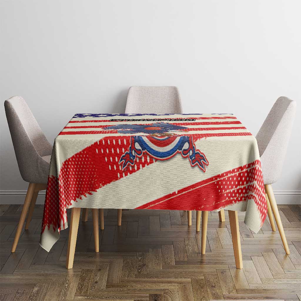 Football-themed tablecloth featuring red and white stripes with blue star and mascot graphic