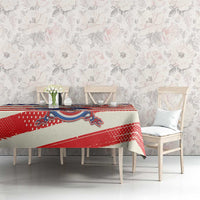 American football-themed tablecloth with red stripes, blue star accent, and mascot design