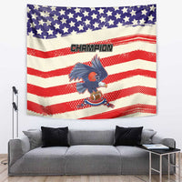 Rectangular wall tapestry featuring red-and-white stripes, blue star field, and CHAMPION