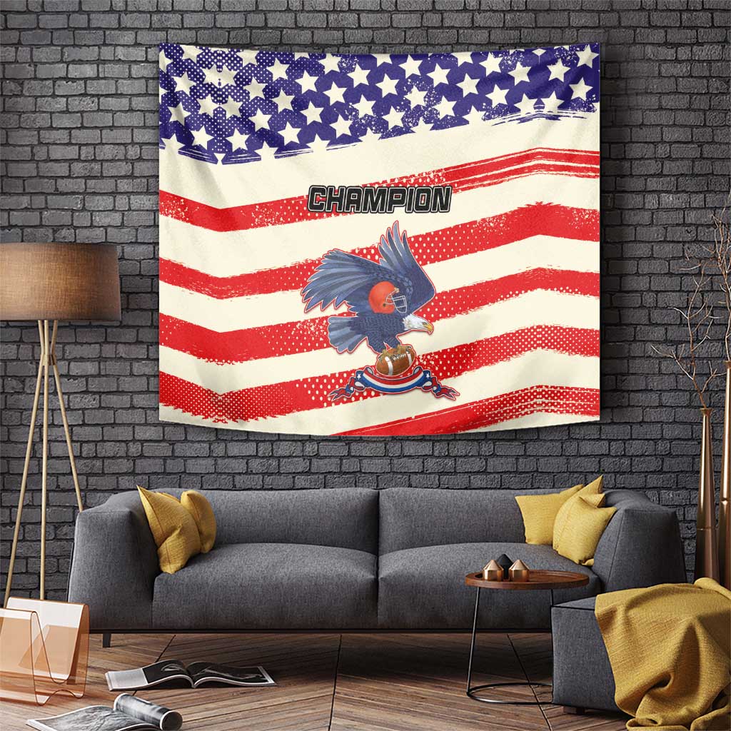 Rectangular wall tapestry with patriotic stripes and a stylized football eagle mascot
