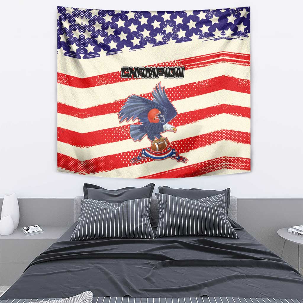 Rectangular wall tapestry showing stars, red stripes, and the 'CHAMPION' text