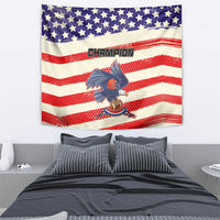 Rectangular wall tapestry showing stars, red stripes, and the 'CHAMPION' text