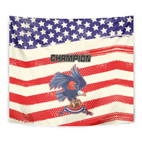 Rectangular wall tapestry close-up: CHAMPION eagle over red and white striped background