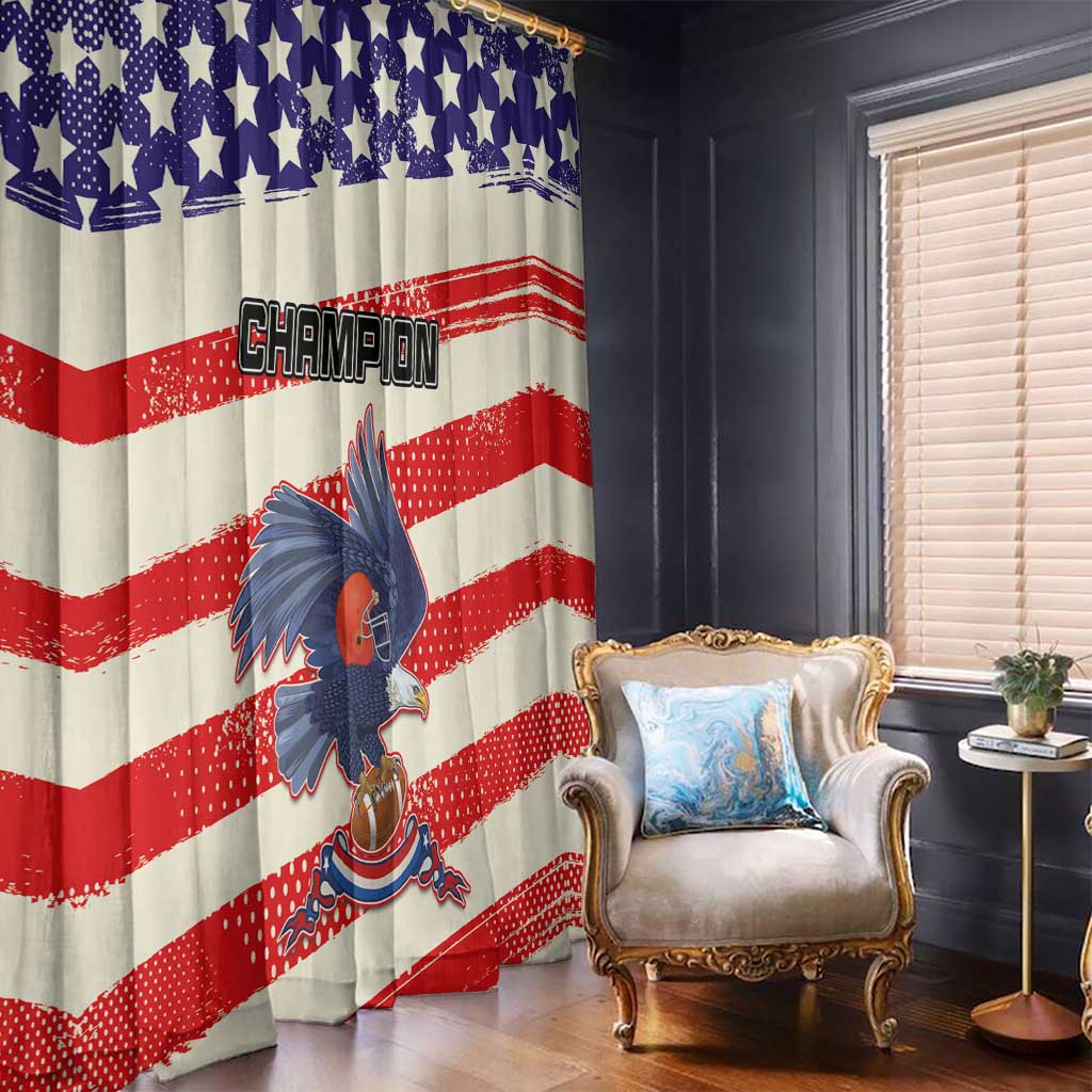 Patriotic window curtain with blue star top, red-and-white stripes, and bird mascot design