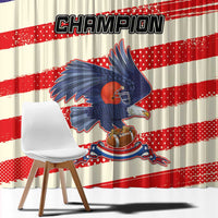 Patriotic window curtain panel with CHAMPION text and bird mascot over red-and-white stripes