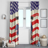 Patriotic window curtain panels with blue star top, red-and-white stripes, and bird mascot
