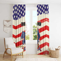 Patriotic window curtain panels with blue stars and red-and-white stripes plus bird mascot