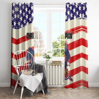 Patriotic window curtains featuring blue stars, red-and-white stripes, and bird mascot print
