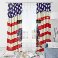 Patriotic window curtain panels with blue star top, red-and-white stripes, and bird mascot