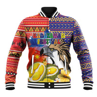 Red and blue baseball jacket with eagle, durian, tribal patterns, striped rib collar