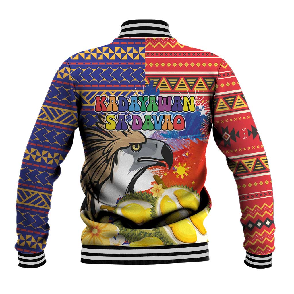 Multicolor baseball jacket with large eagle graphic on back, tribal patterns, striped rib cuffs