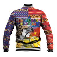 Multicolor baseball jacket with large eagle graphic on back, tribal patterns, striped rib cuffs